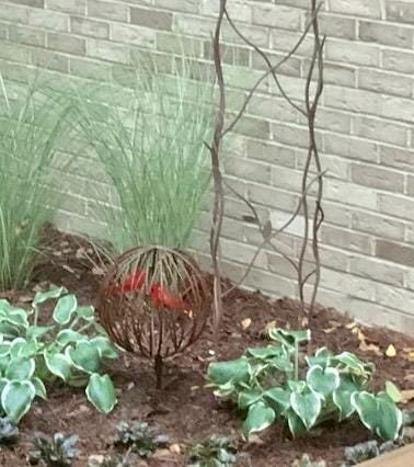 Large Garden Sphere, 12” Metal Vines, Hand Made Globe, Hand Painted Cardinals