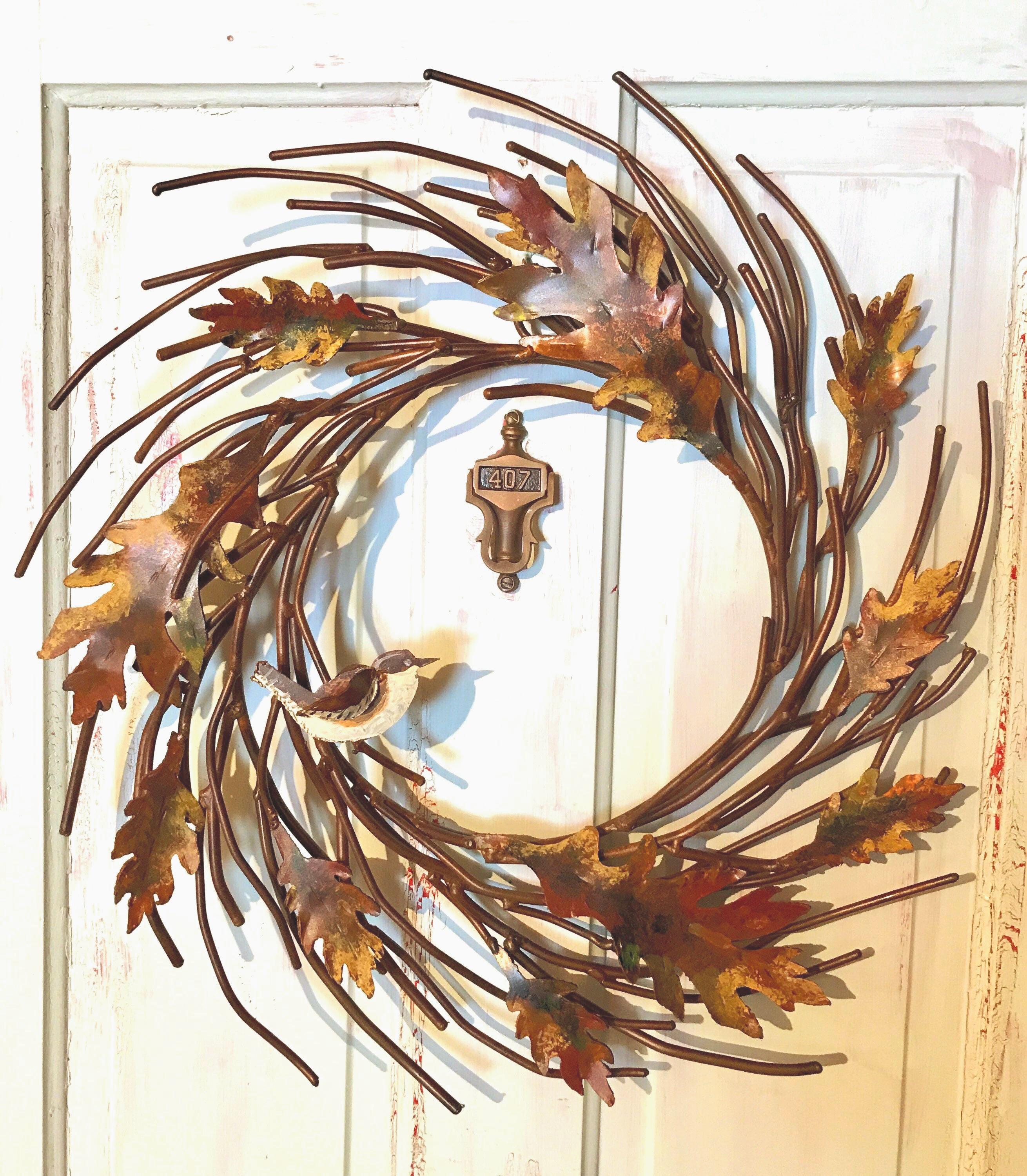 Hand Painted Metal Oak Leaf Wreath with Bird - Fall Decor 20”