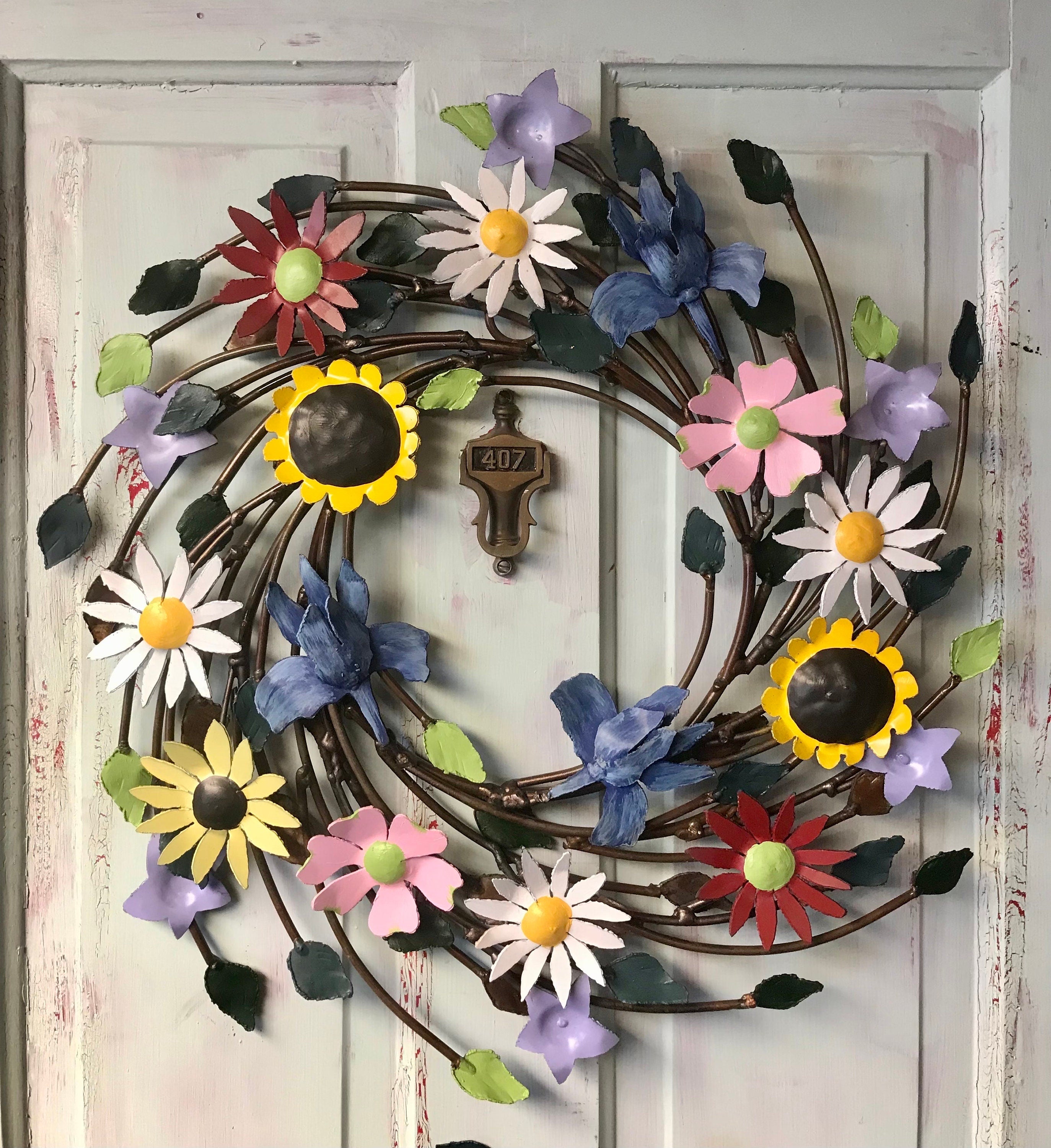 Hand Painted Metal Floral Wreath, Original Door Decor