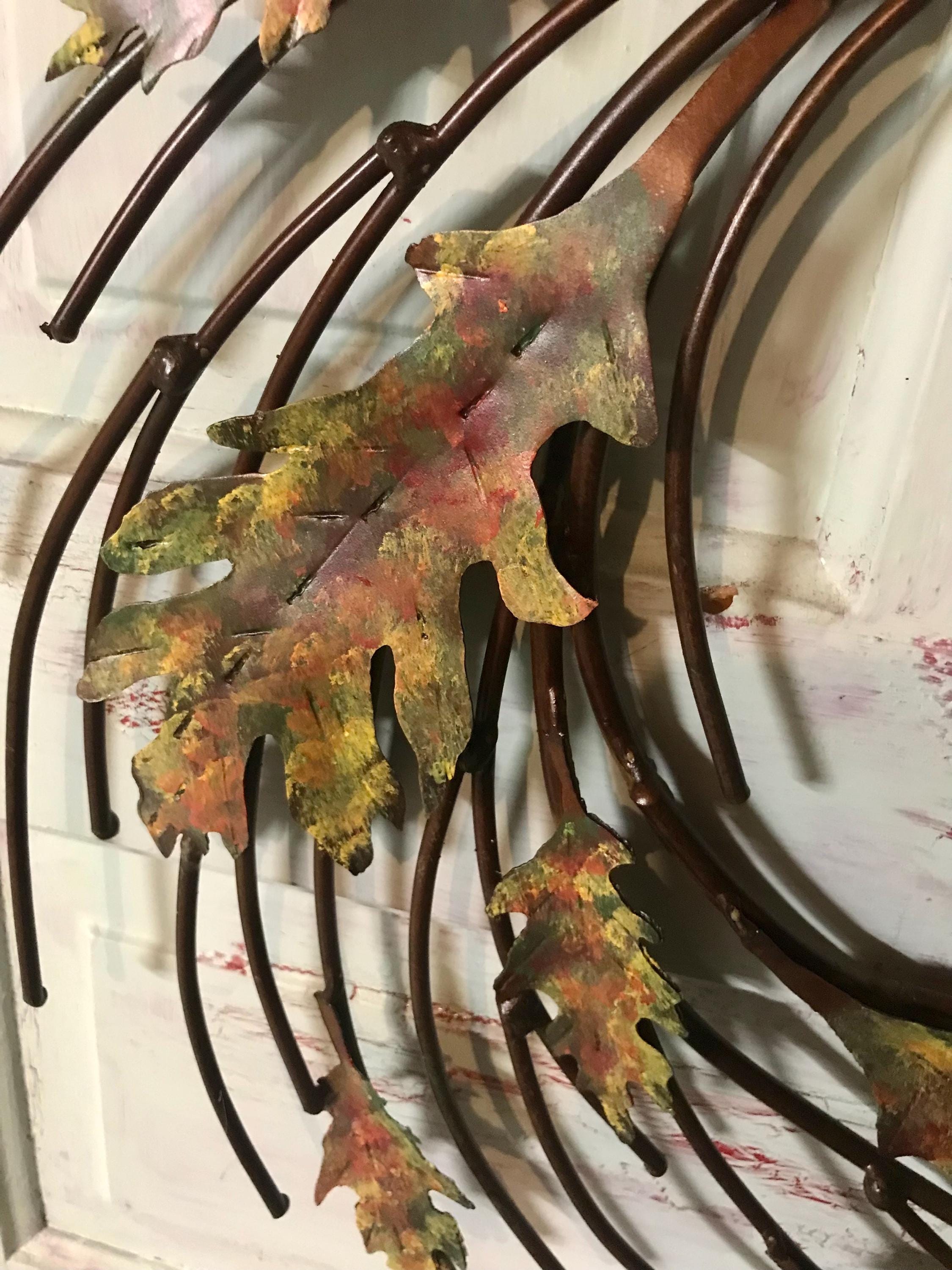 Hand Painted Metal Oak Leaf Wreath with Bird - Fall Decor 20”