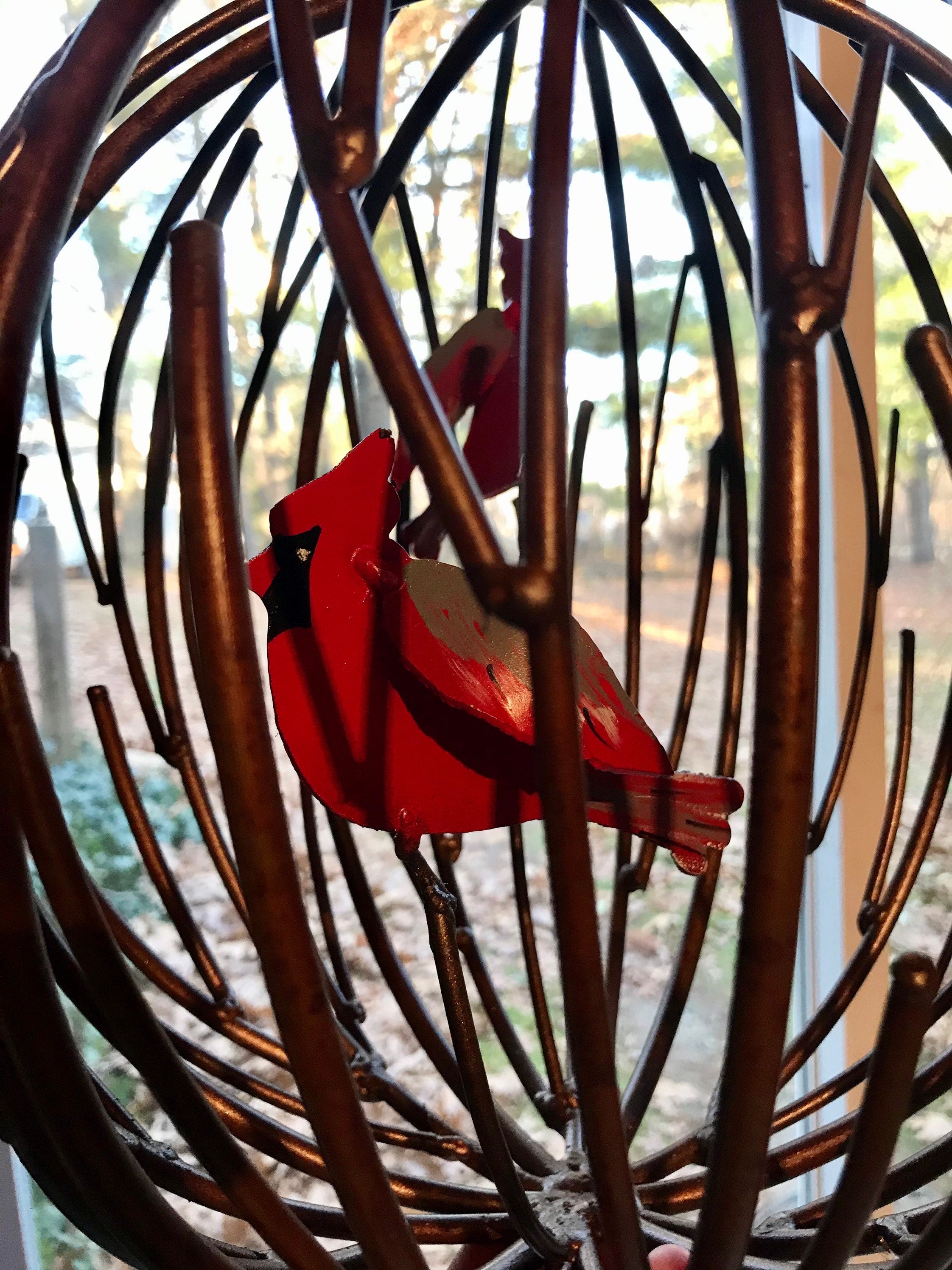 Large Garden Sphere, 12” Metal Vines, Hand Made Globe, Hand Painted Cardinals