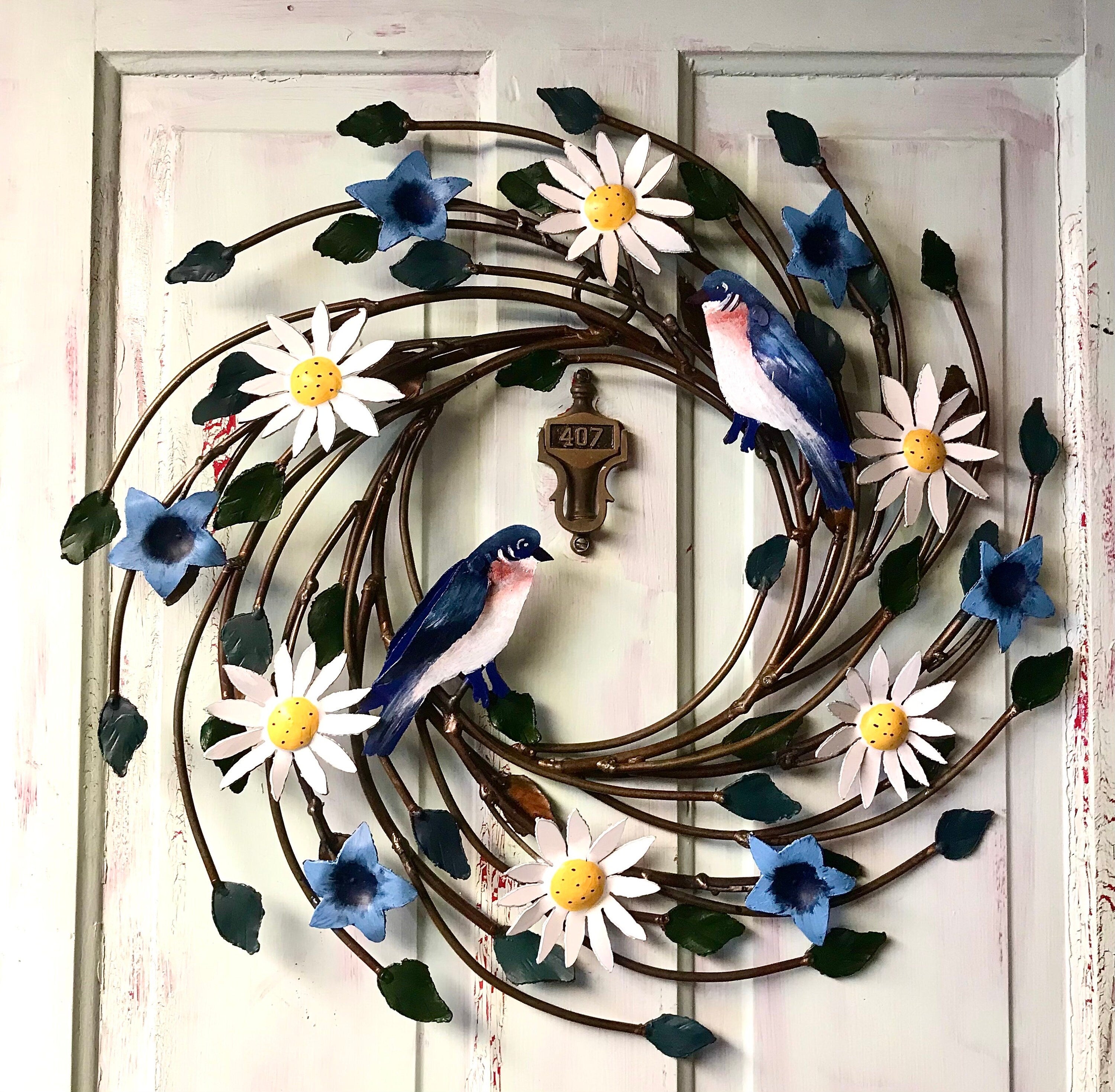 Metal Bird Wreath, Custom Painted Colors, Metal Birds, Metal Flowers, Door Size wreath.