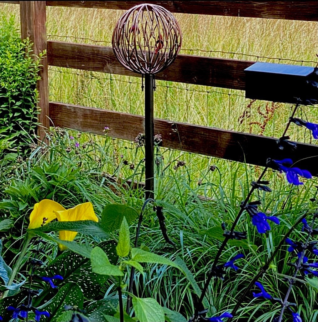 Large Garden Sphere, 12” Metal Vines, Hand Made Globe, Hand Painted Cardinals