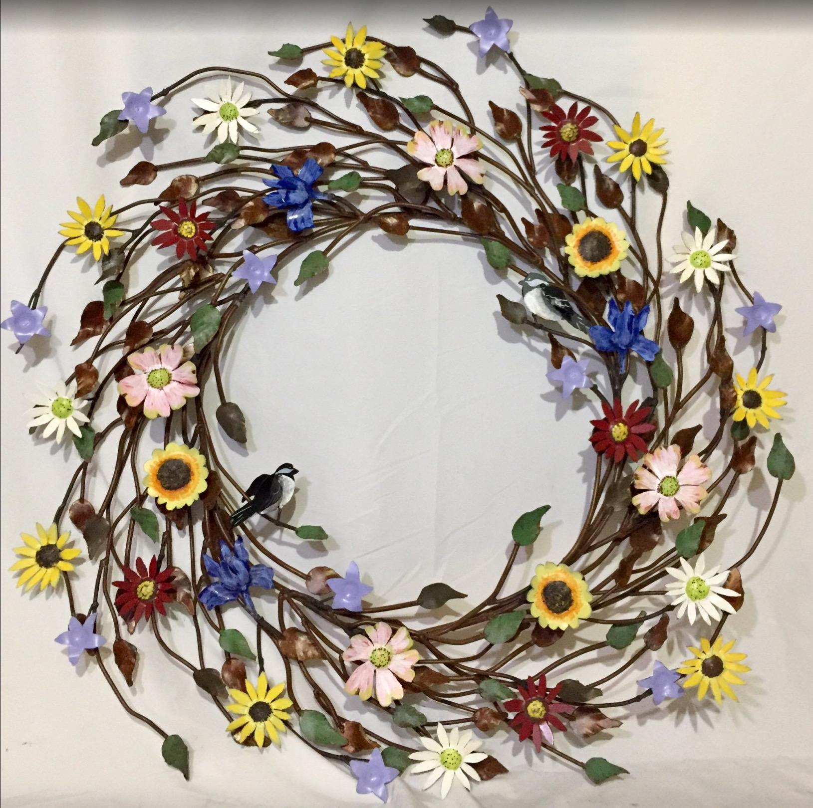 Large Metal Flower Garden Wreath, Hand Painted Detail, 28 inch Wreath