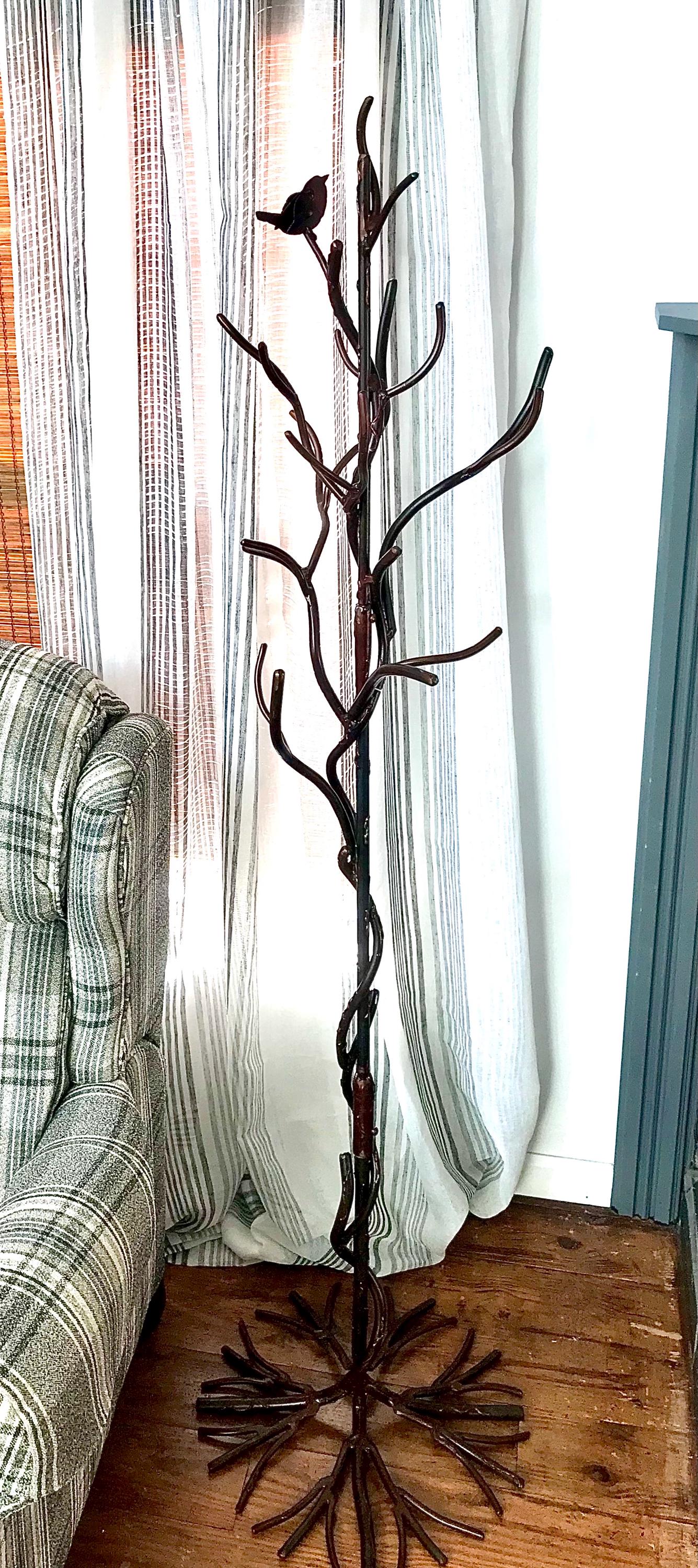 Hand Bent Steel Coat Tree: Rustic Iron Hall Tree with Metal Wren