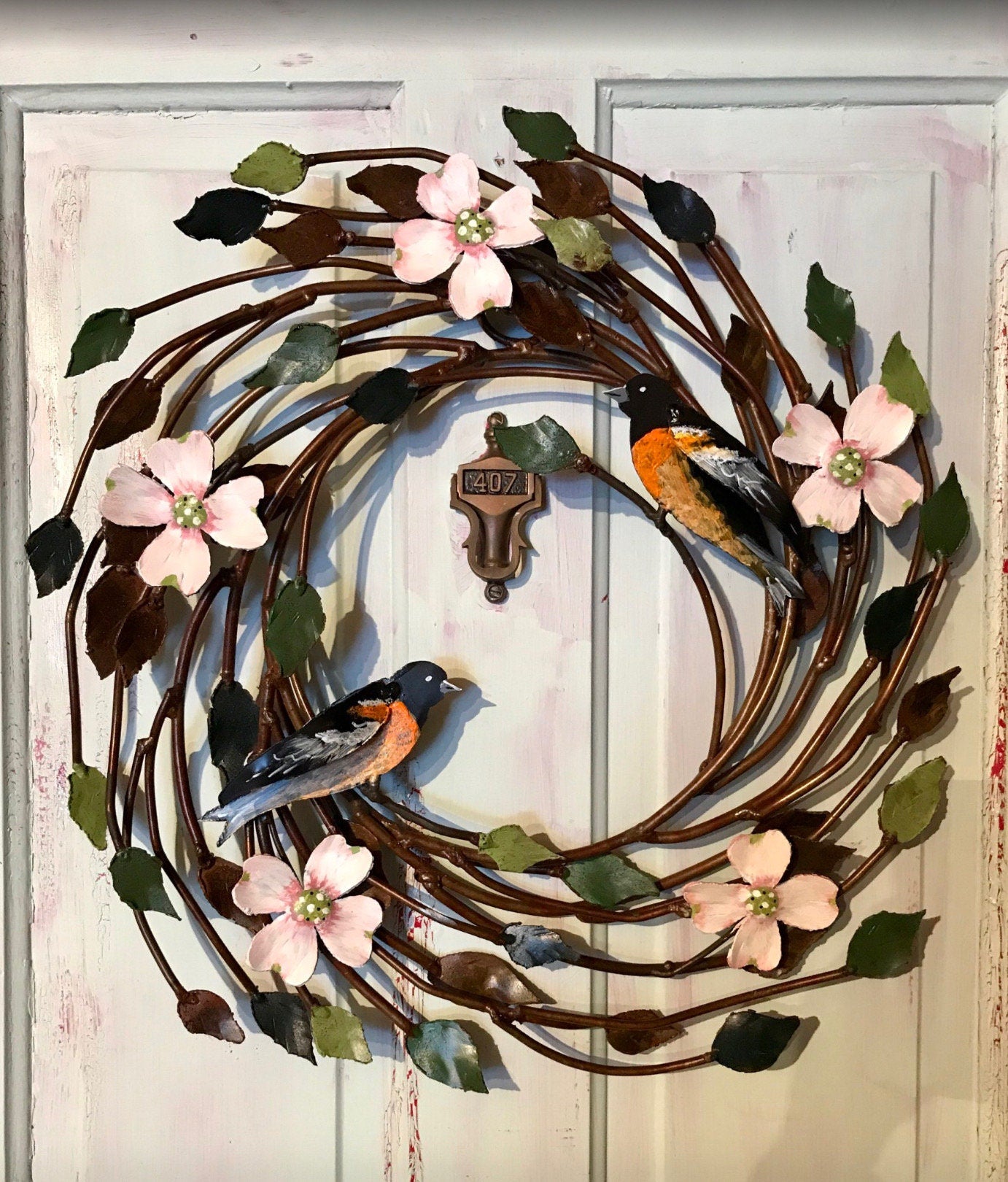 Metal Bird Wreath, Custom Painted Colors, Metal Birds, Metal Flowers, Door Size wreath.