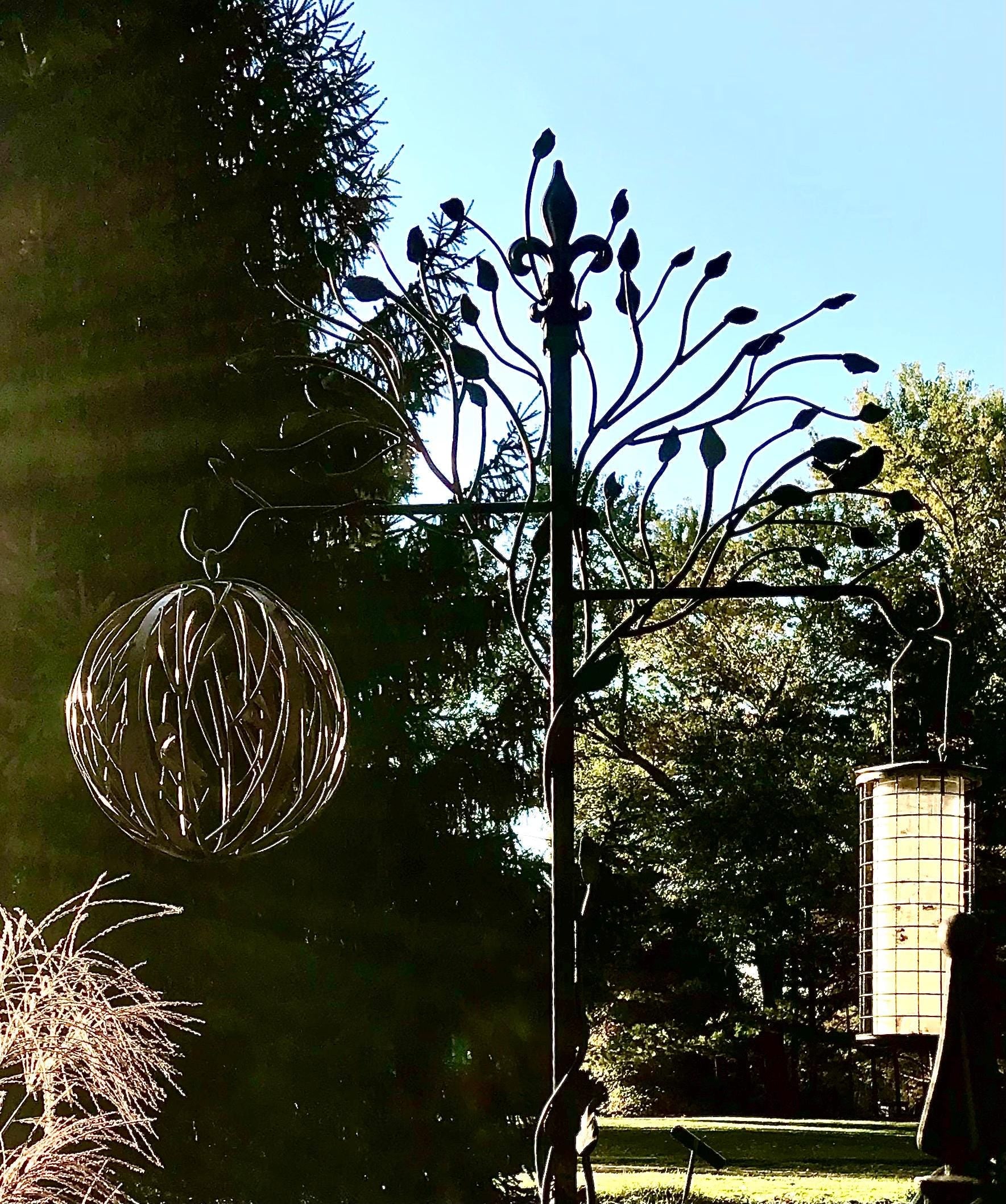 Large Garden Sphere, 12” Metal Vines, Hand Made Globe, Hand Painted Cardinals