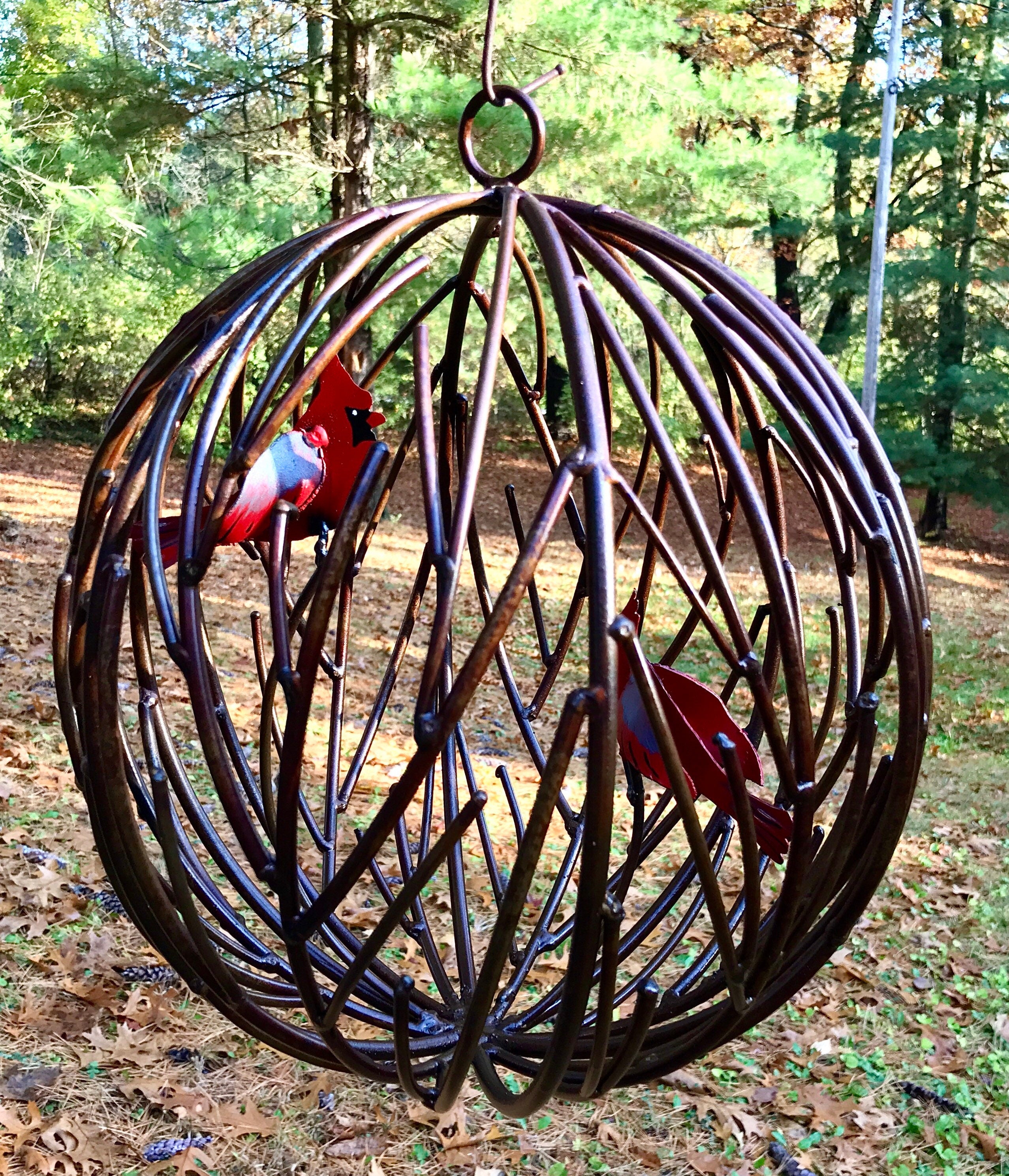 Large Garden Sphere, 12” Metal Vines, Hand Made Globe, Hand Painted Cardinals