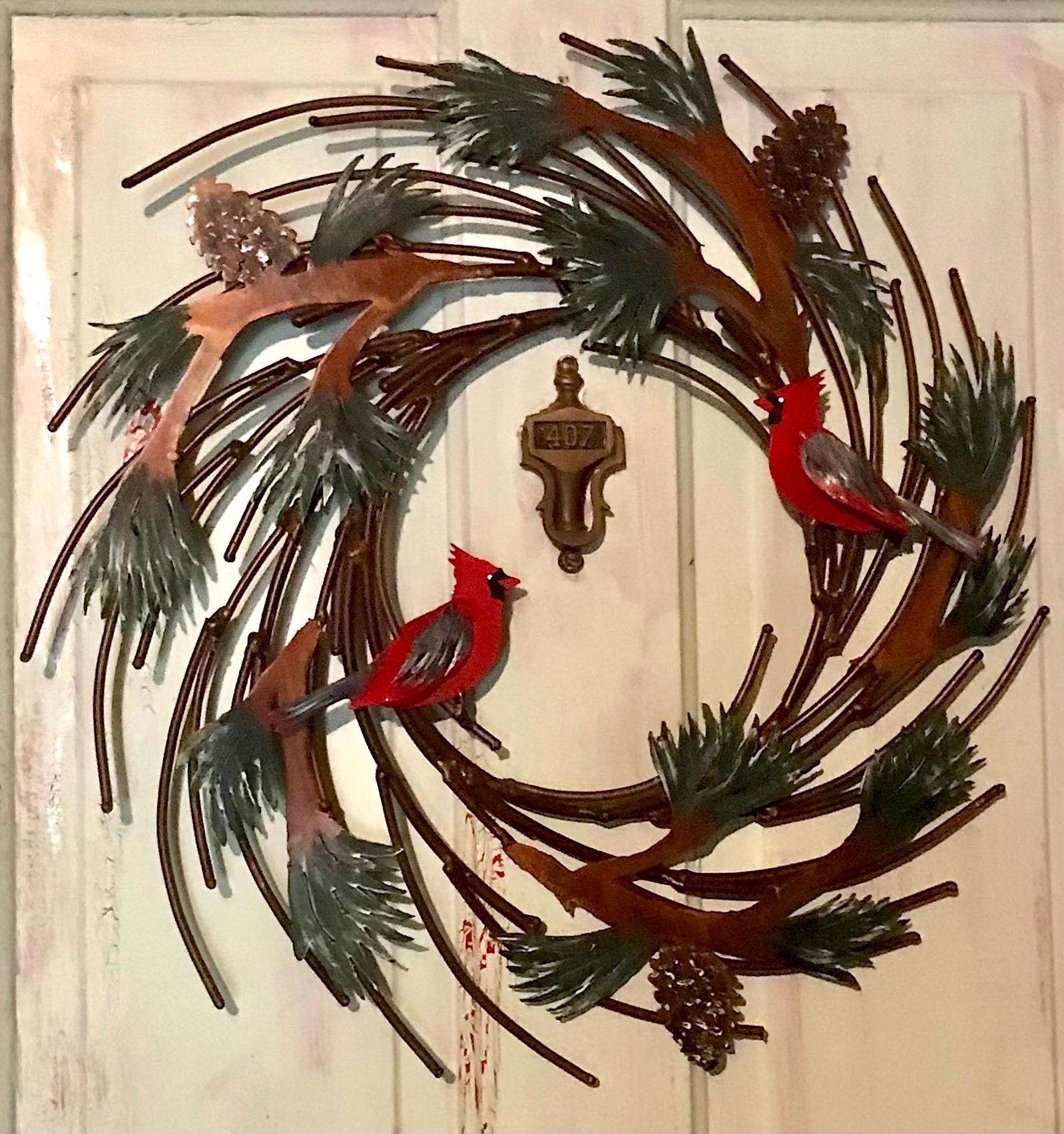 Metal Winter Wreath, Pine Boughs Pinecones Cardinals, Hand Painted 20” Door Size