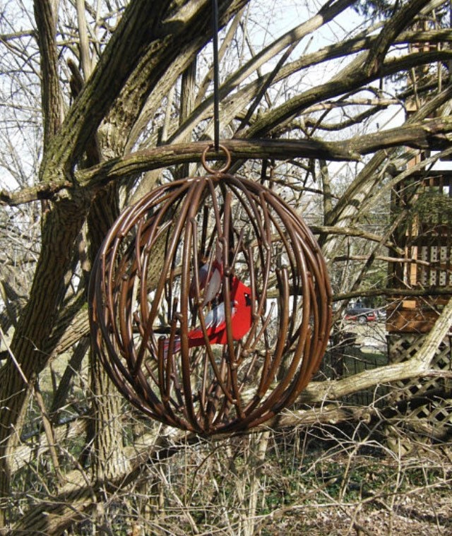 Large Garden Sphere, 12” Metal Vines, Hand Made Globe, Hand Painted Cardinals