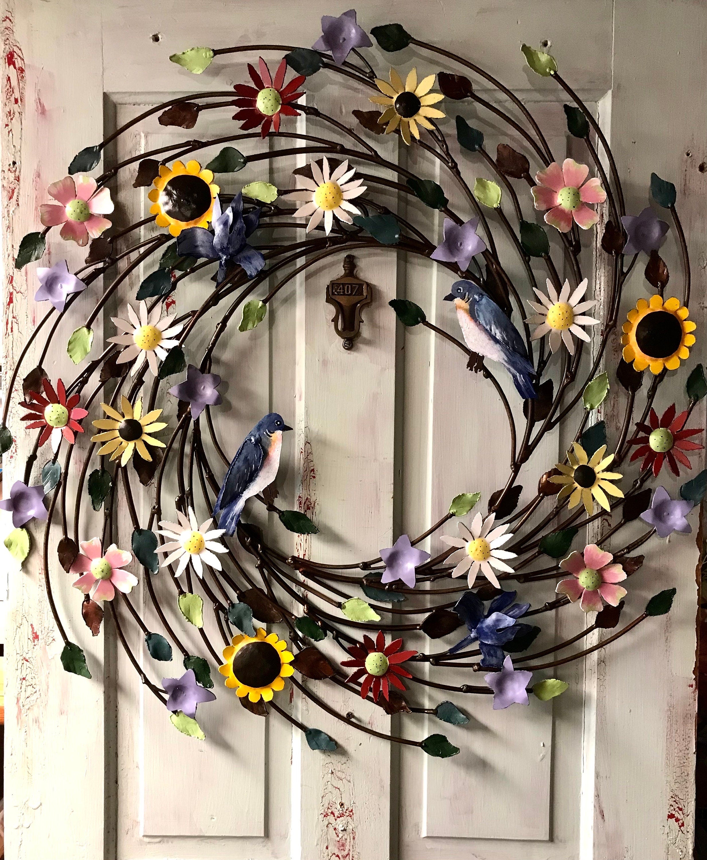 Large Metal Flower Garden Wreath, Hand Painted Detail, 28 inch Wreath