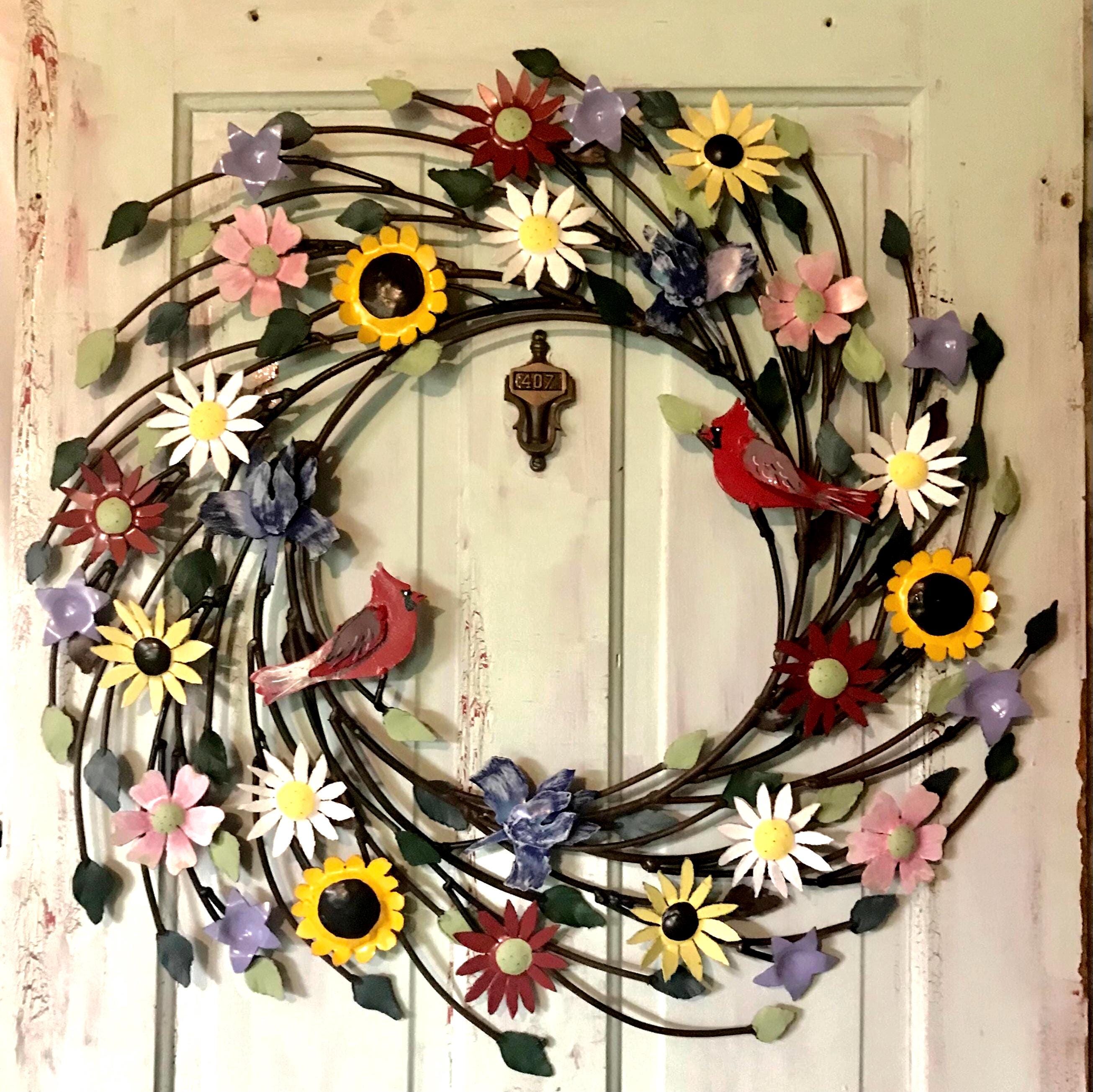 Large Metal Flower Garden Wreath, Hand Painted Detail, 28 inch Wreath