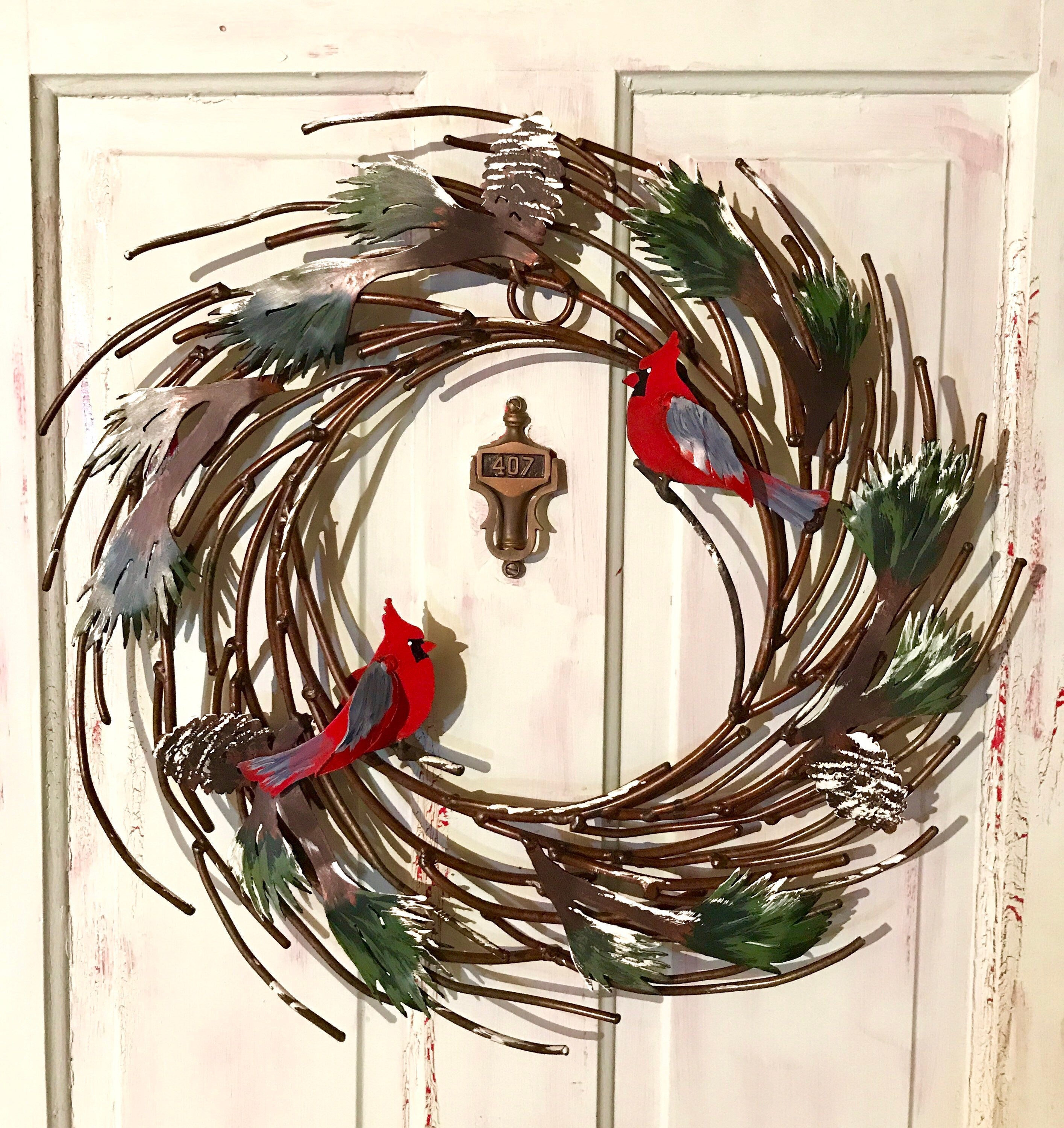 Metal Winter Wreath, Pine Boughs Pinecones Cardinals, Hand Painted 20” Door Size