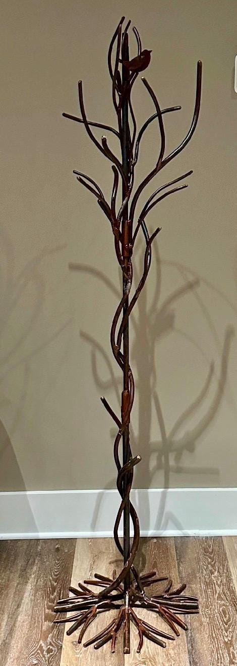 Hand Bent Steel Coat Tree: Rustic Iron Hall Tree with Metal Wren