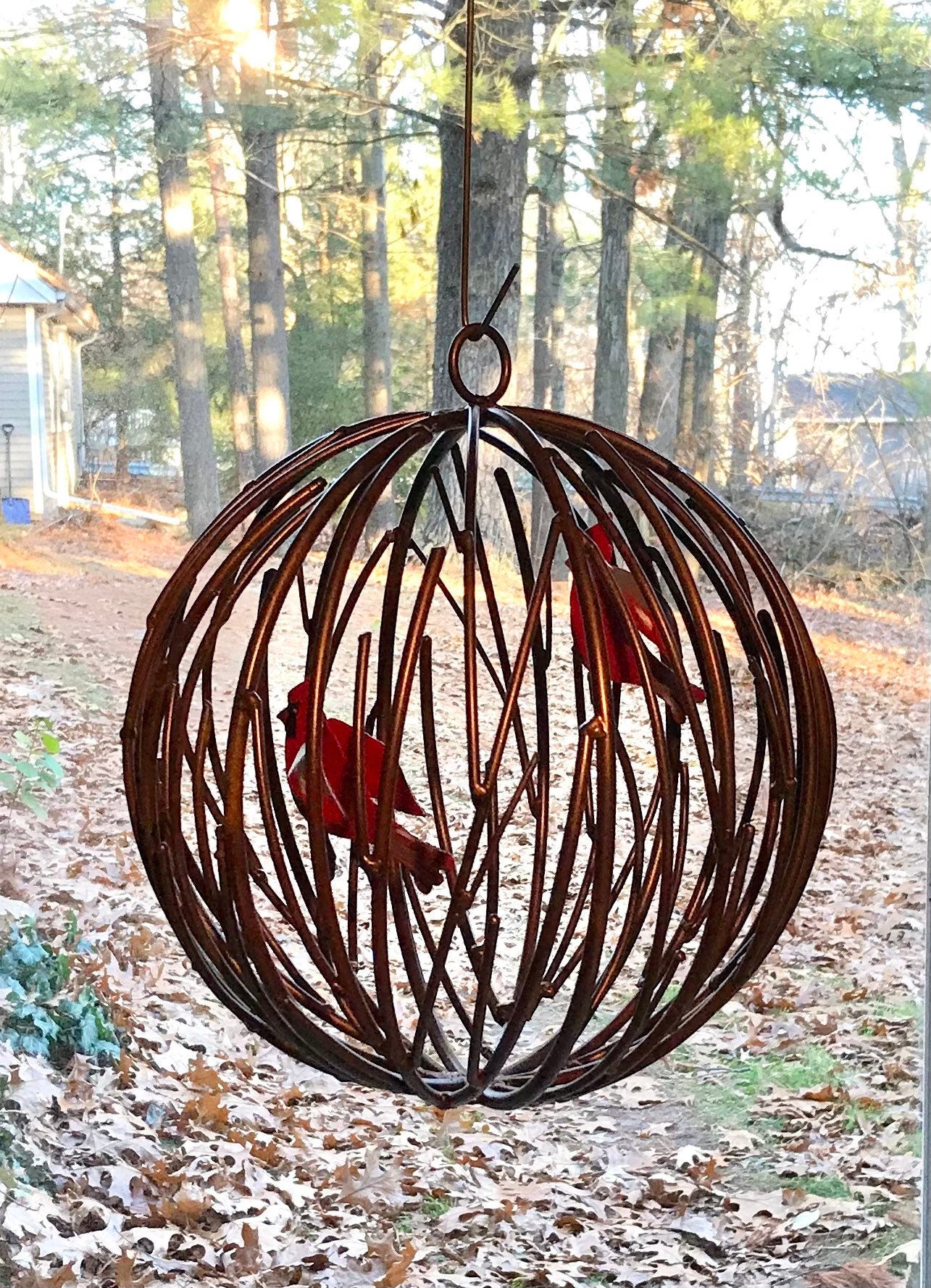 Large Garden Sphere, 12” Metal Vines, Hand Made Globe, Hand Painted Cardinals