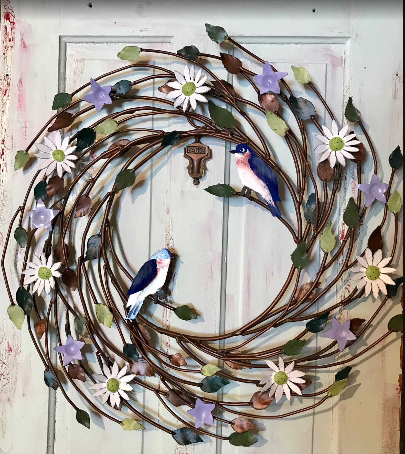 Large Metal Flower Garden Wreath, Hand Painted Detail, 28 inch Wreath