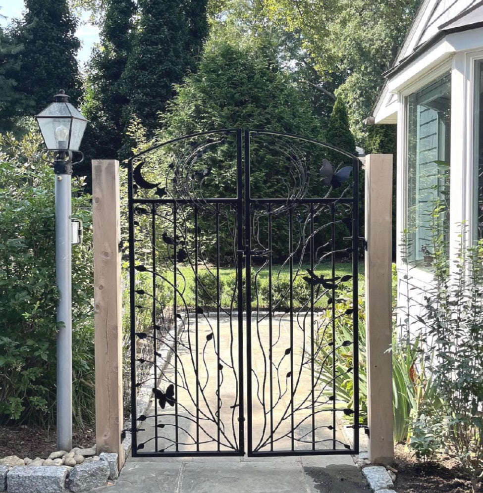 Woodland Iron Gate, Hand Crafted Double Entry Gate, 70 Inch Tall