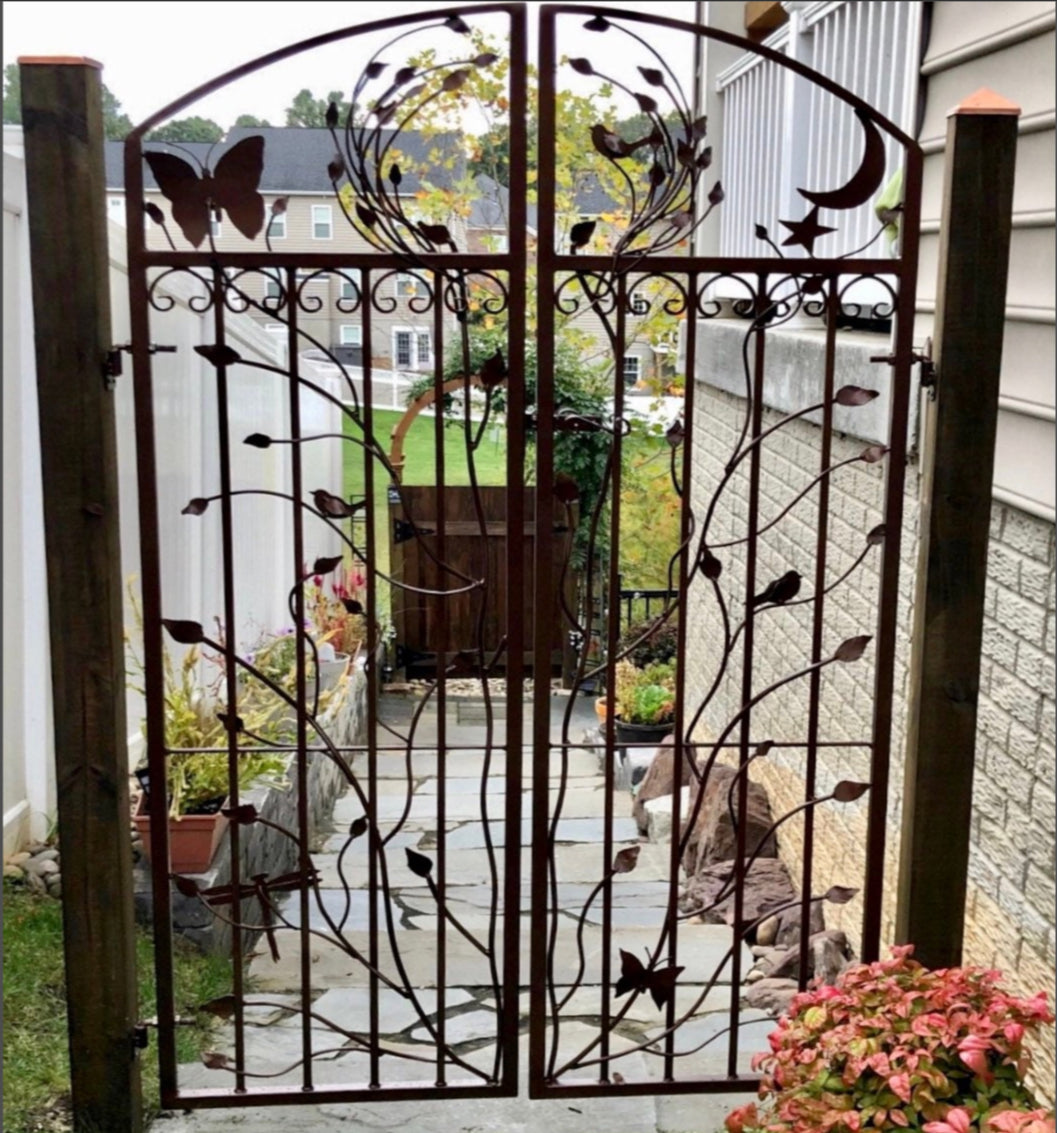 Woodland Iron Gate, Hand Crafted Double Entry Gate, 70 Inch Tall