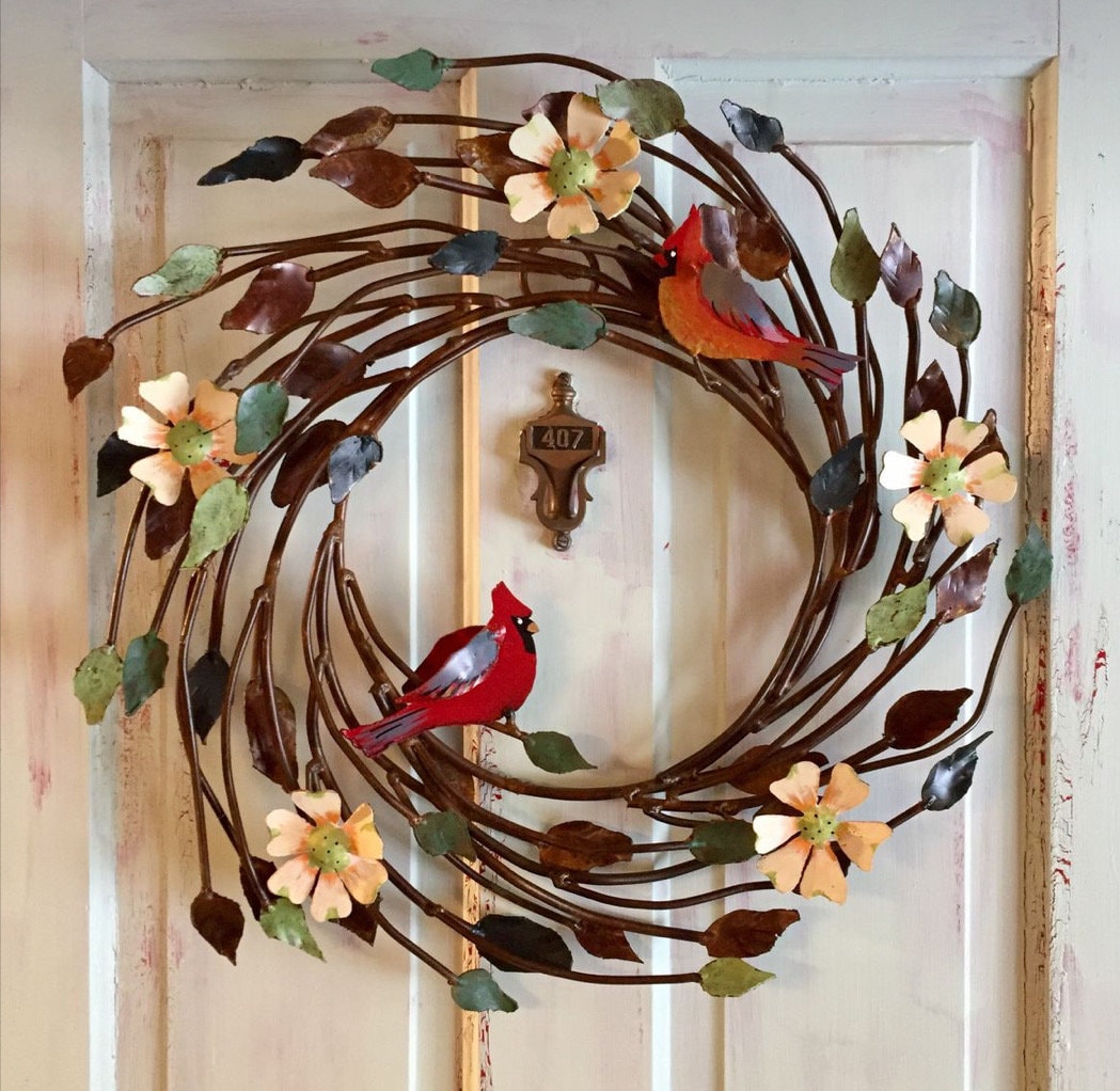 Metal Bird Wreath, Custom Painted Colors, Metal Birds, Metal Flowers, Door Size wreath.