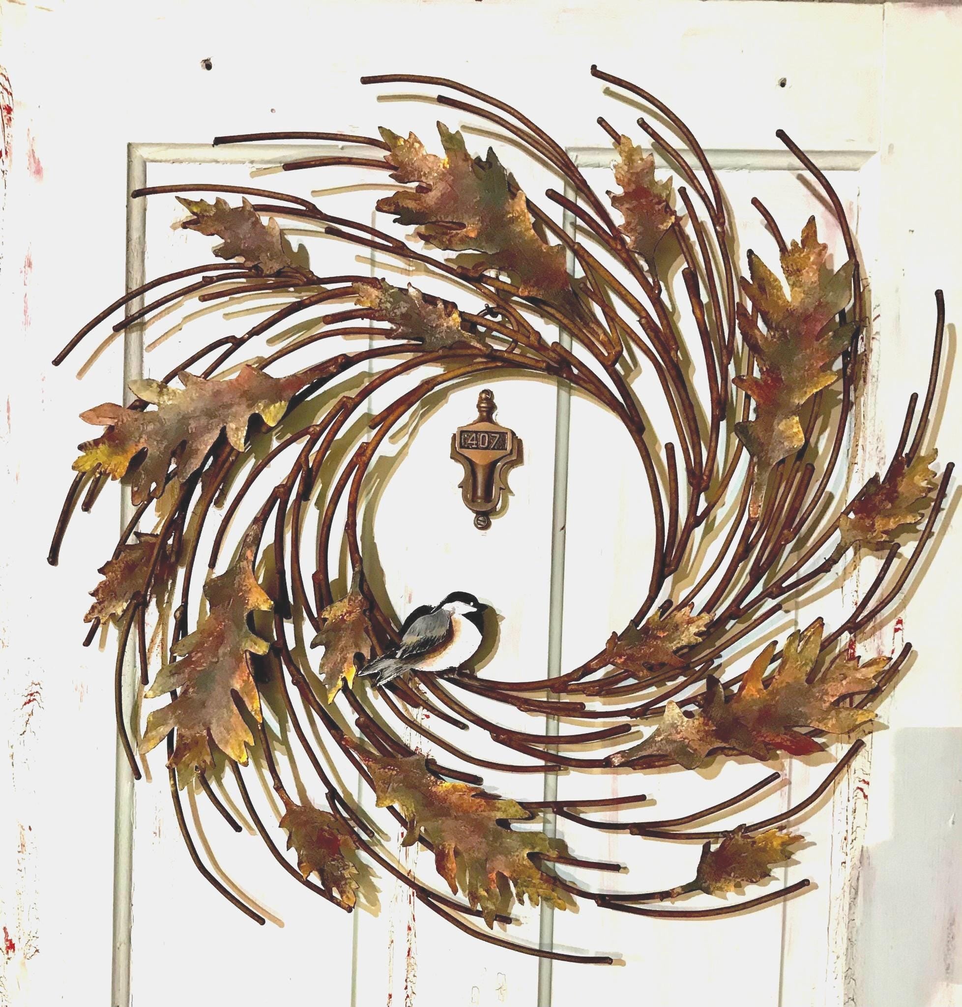 Hand Painted Metal Oak Leaf Wreath with Bird - Fall Decor 20”