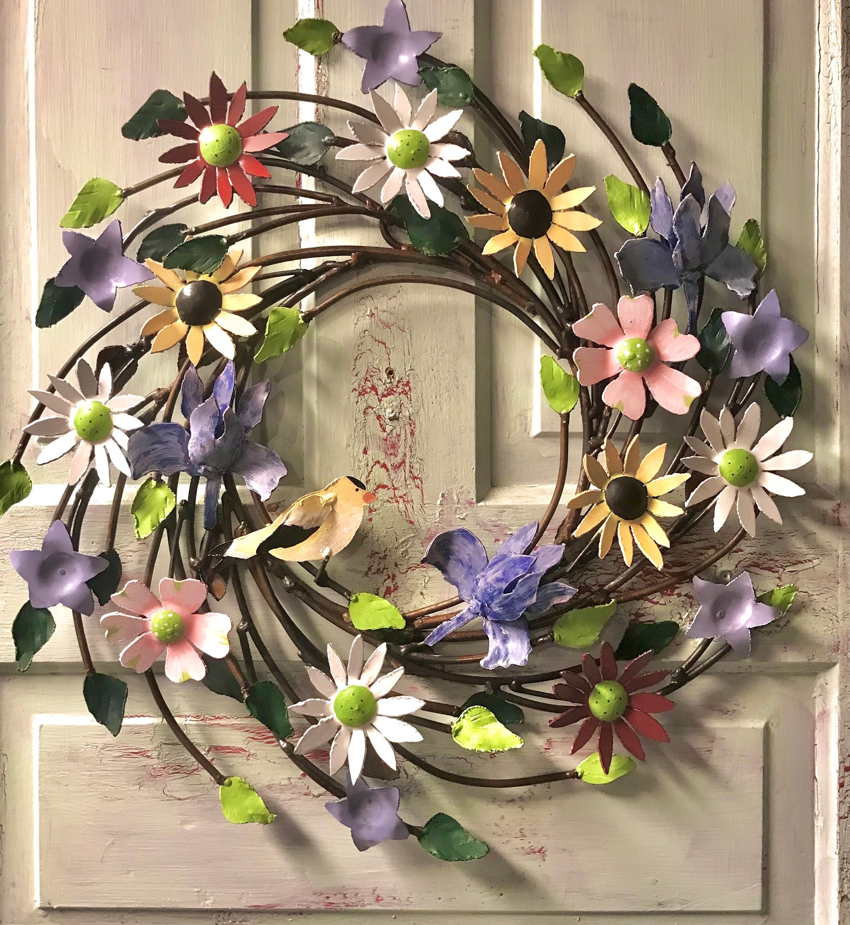 Hand Painted Metal Floral Wreath, Original Door Decor