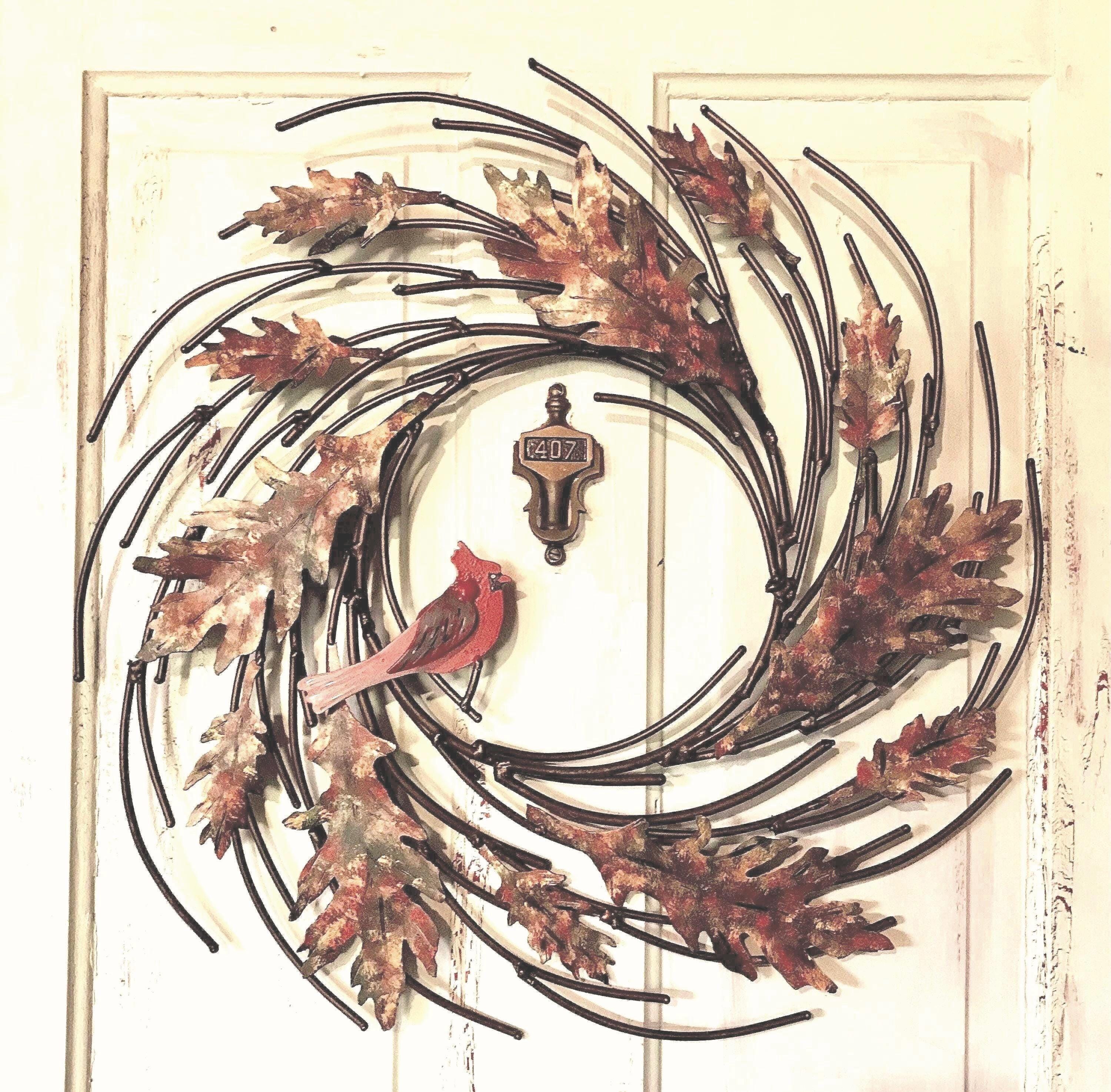 Hand Painted Metal Oak Leaf Wreath with Bird - Fall Decor 20”