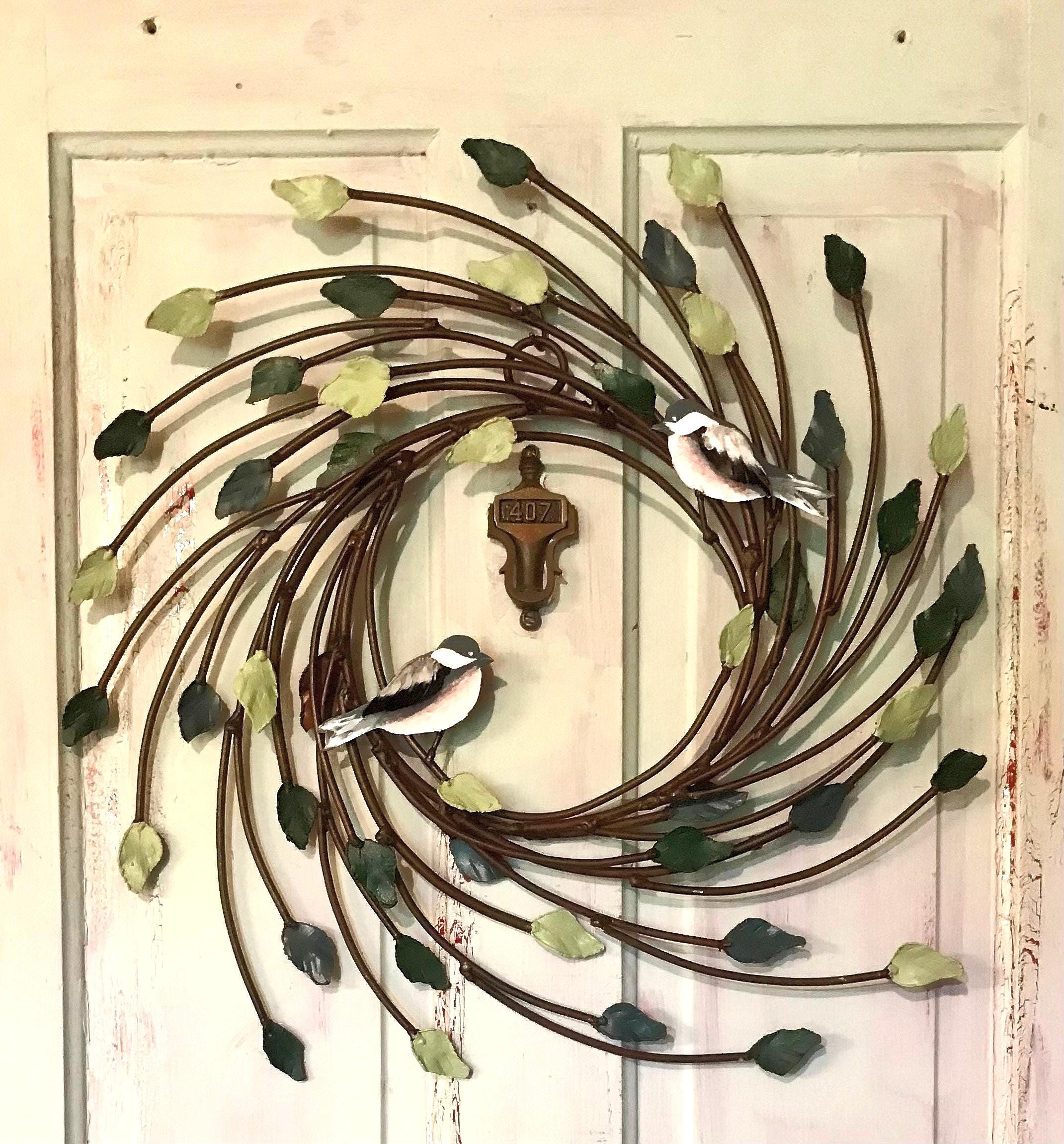 Metal Bird Wreath, Custom Painted Colors, Metal Birds, Metal Flowers, Door Size wreath.