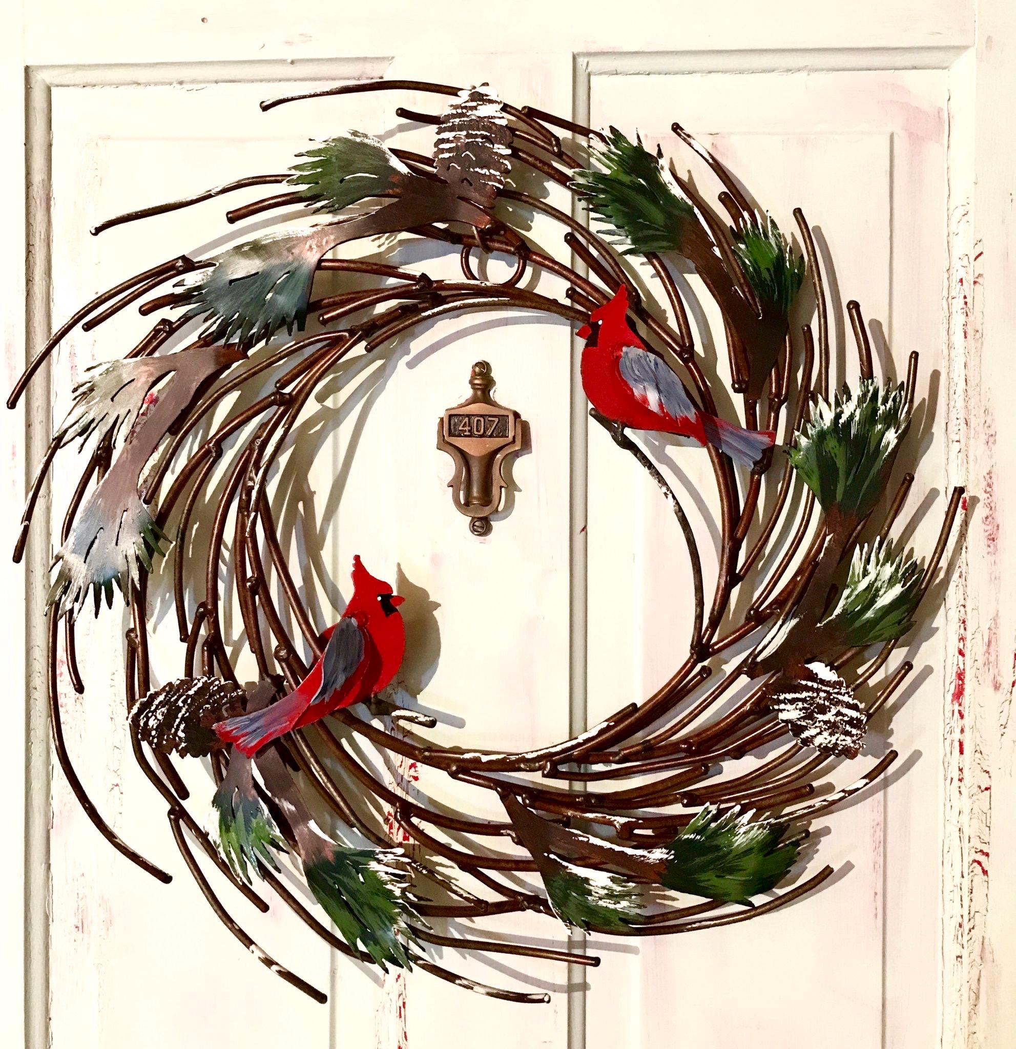 Metal Winter Wreath, Pine Boughs Pinecones Cardinals, Hand Painted 20” Door Size