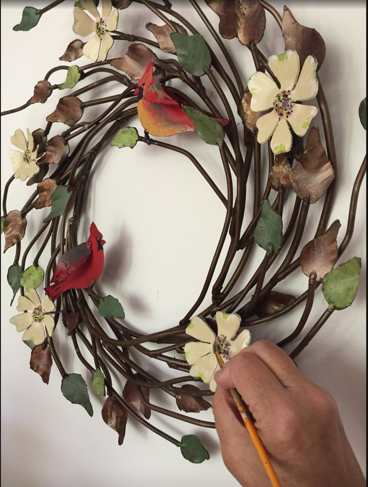 Metal Bird Wreath, Custom Painted Colors, Metal Birds, Metal Flowers, Door Size wreath.