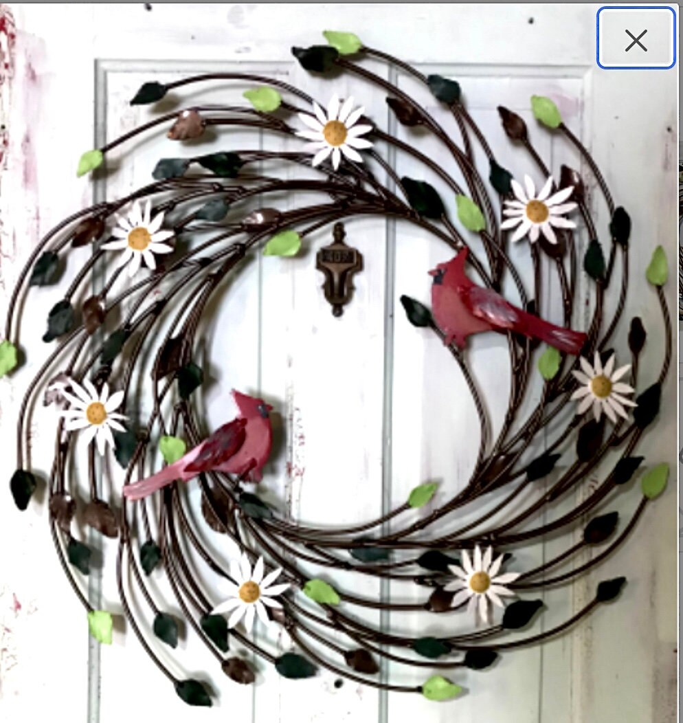 Large Metal Flower Garden Wreath, Hand Painted Detail, 28 inch Wreath