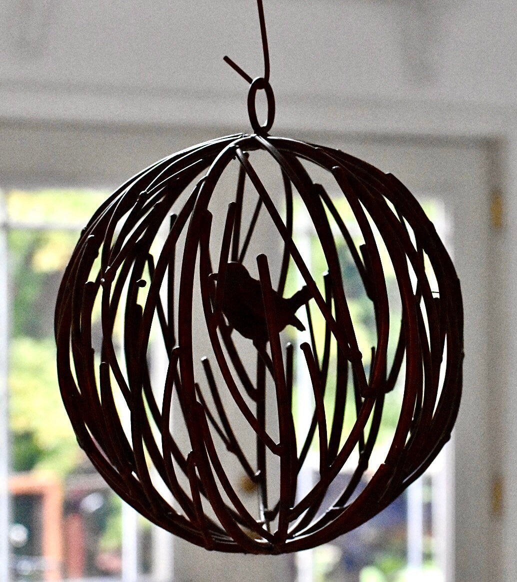Iron Vines Orb, Metal Bird, Iron Garden Art.